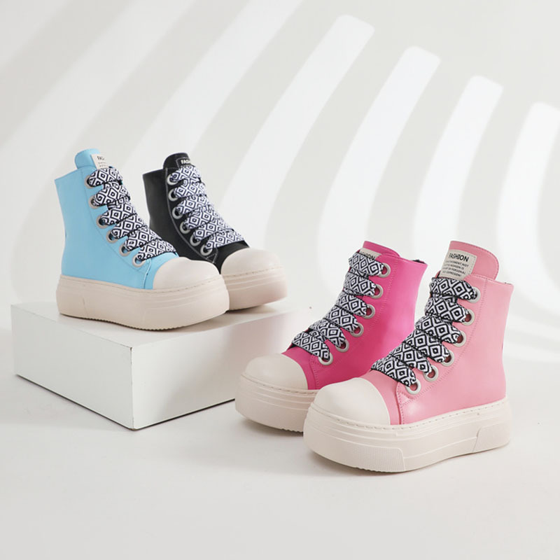 Idoit In Stock Sneakers Lace-up Pu Trendy Casual Shoes With Designer Shoelaces Trainers Sneakers For Women Black Ankle Boots