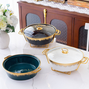 Olla de Cerámica Redonda Dorada de Lujo <span class=keywords><strong>para</strong></span> Buffet, Calentador de Comida, Olla <span class=keywords><strong>para</strong></span> Sopa, Olla <span class=keywords><strong>para</strong></span> Caldos con Soporte Dorado - Product Image 1