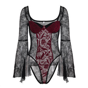 Women's Gothic <b>Catsuit</b> <b>Sheer</b> Knitting Mesh Bodysuit V-Neck Lace-Sexy Long Sleeve One-Piece Clubwear Skinny Floral Breathable - Product Image 6