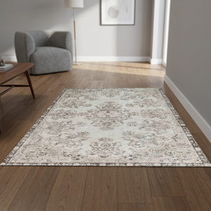 <b>Vintage</b> Classic Turkish Rug Beige Brown 3.9x6.7ft Handmade Wool Latex Backing Patchwork Pattern Eco-Friendly KayraHome for - Product Image 2