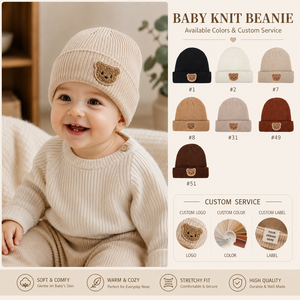 Gorro de punto para bebé con logo personalizado, suave, con parche de oso, dobladillo plegable, gorro cálido de invierno para recién nacido, venta al por mayor OEM <span class=keywords><strong>a</strong></span> granel - Product Image 1