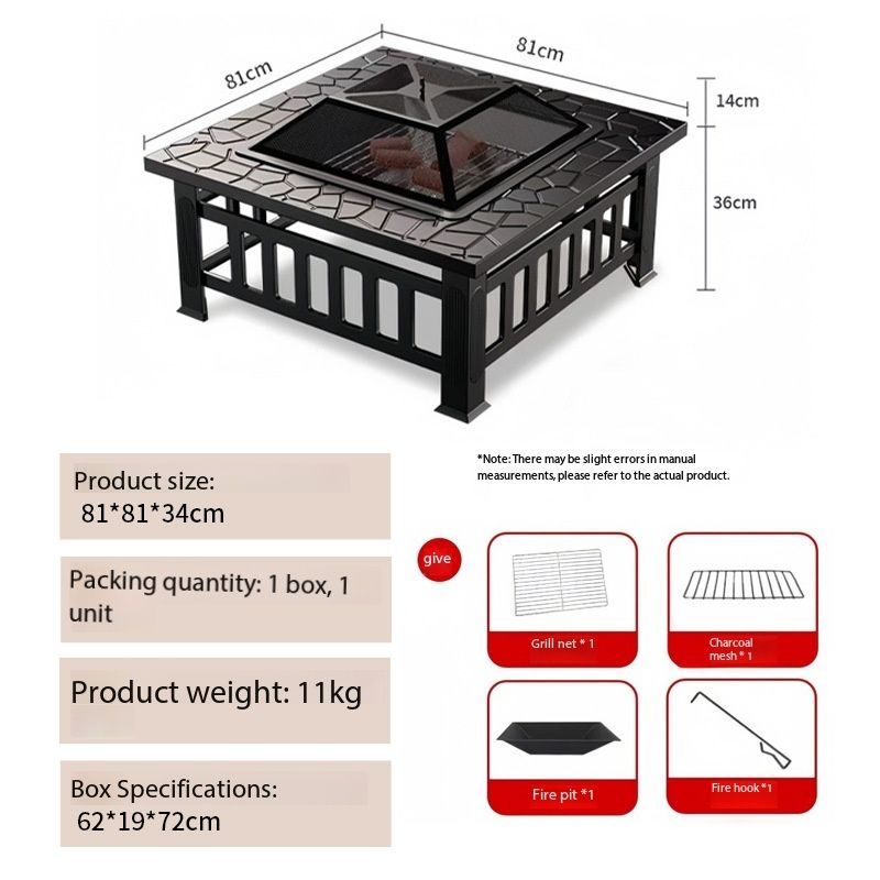 Poêle carré simple noir (grille en maille de carbone avec crochet à feu)