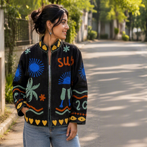 Chaqueta Bomber de Terciopelo Negro, Tejida y Transpirable, con Bordado Profesional, Estilo Boho de Lujo para Fiestas - Product Image 1