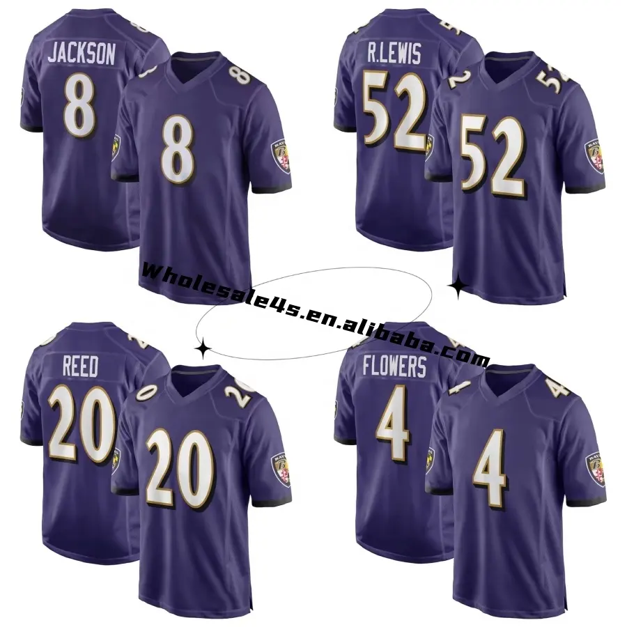 Großhandel Herren Baltimore City amerikanische Fußballtrikots genäht lila USA-Fussballuniform 8 Lamar Jackson 52 R. Lewis 20 Reed