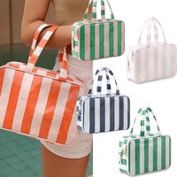 Trousse de toilette de voyage colorée à rayures pour femme, sac à maquillage rayé, étanche, portable, avec poignée