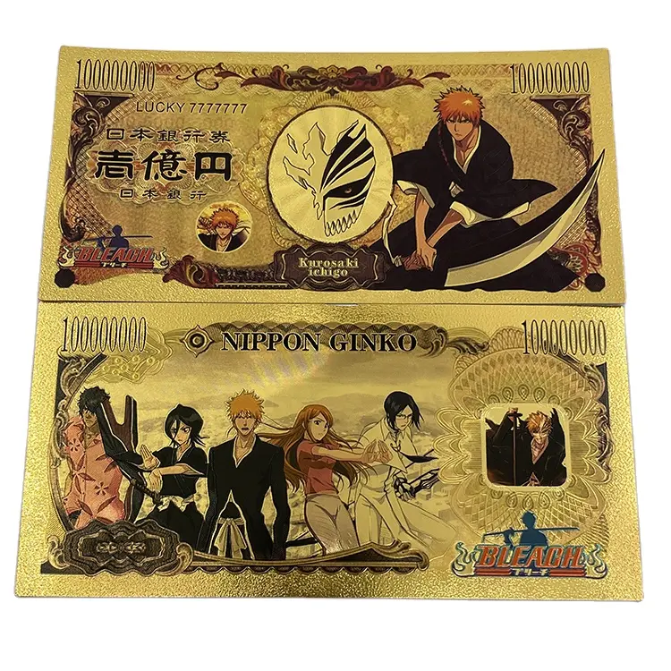 Custom Designs High Quality Japan 10000 Yen Money Anime Bleach Trading Cards Gold Foil Plated Banknote
