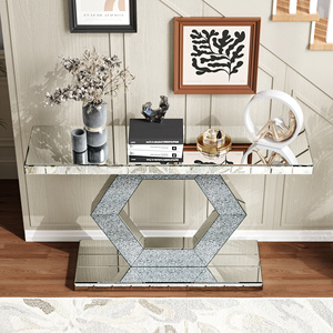 Hexagon Mirror Entryway <b>Console</b> <b>Table</b> With Diamond <b>Glass</b> Effects Dual Tier Luxury Foyer Decor - Product Image 2