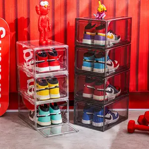 Şeffaf şeffaf İstiflenebilir manyetik plastik ürdün ayakkabı teşhir standı saklama kutusu organizatör konteynerler için spor ayakkabı ekran