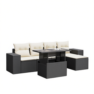 Ensemble de canapés de jardin en rotin noir avec coussins crème, mobilier d'extérieur au design contemporain, résistant à l'eau et aux UV, en osier PE - Product Image 1