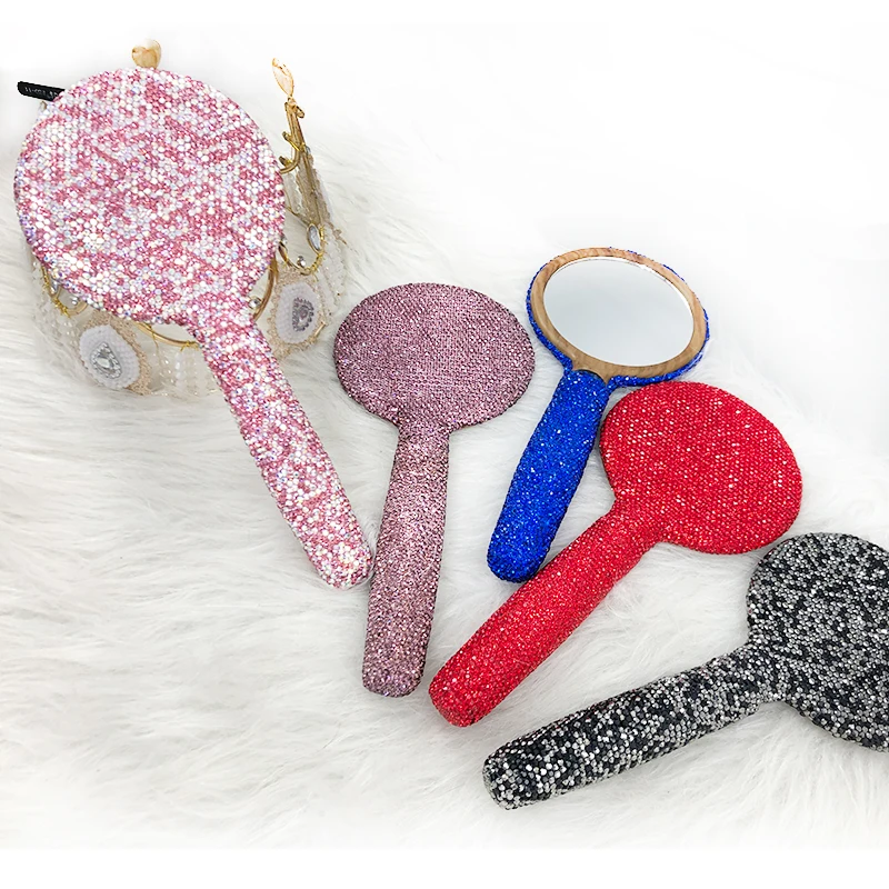 wholesale custom logo rhinestone handheld small metal cosmetic mirror private label bling makeup mirror