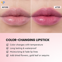 Rouge à lèvres magique à fleurs changeantes de couleur, à fleurs séchées et feuilles d'or, résistant à l'eau, longue tenue, OEM ODM, vente en gros pour salons