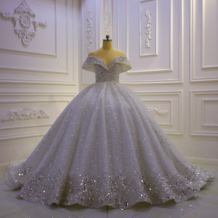 open lace back dress Off-the-shoulder Gold Sparkly Gown Princess Wedding Dress Evening Gown
