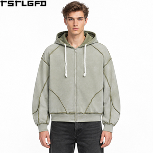 Hoodie zippé oversize court pour homme, coupe et couture, couleur sauge, épaules tombantes, surpiqûres apparentes, manches ballon, style streetwear vintage, vente en gros - Product Image 1