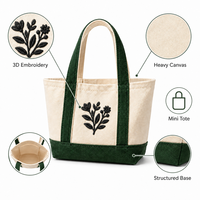 Tas Tote Kanvas Mini Bordir Logo Kustom dengan Lis Hijau, Alas yang Diperkuat, Tas Belanja Floral yang Dapat Digunakan Kembali untuk Wanita