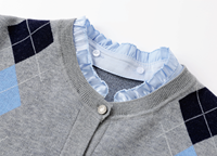 Cardigan en tricot à col volanté et motif Argyle pour femme, deux pièces, avec empiècements contrastants à carreaux losanges, manches longues, gris, vêtement d'extérieur en tricot