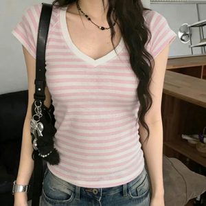 T-shirt décontracté pour femme, tricoté, à manches courtes, coupe ajustée, extensible, respirant, écologique, à rayures et blocs de couleur, Nouveauté Été 2026 - Product Image 6