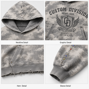 Sweat à capuche personnalisé 450 g/m² en coton 100 % molleton bouclette, effet délavé soleil, avec strass et imprimé graphique vieilli, coupe ample, style streetwear, pour homme, vente en gros - Product Image 3
