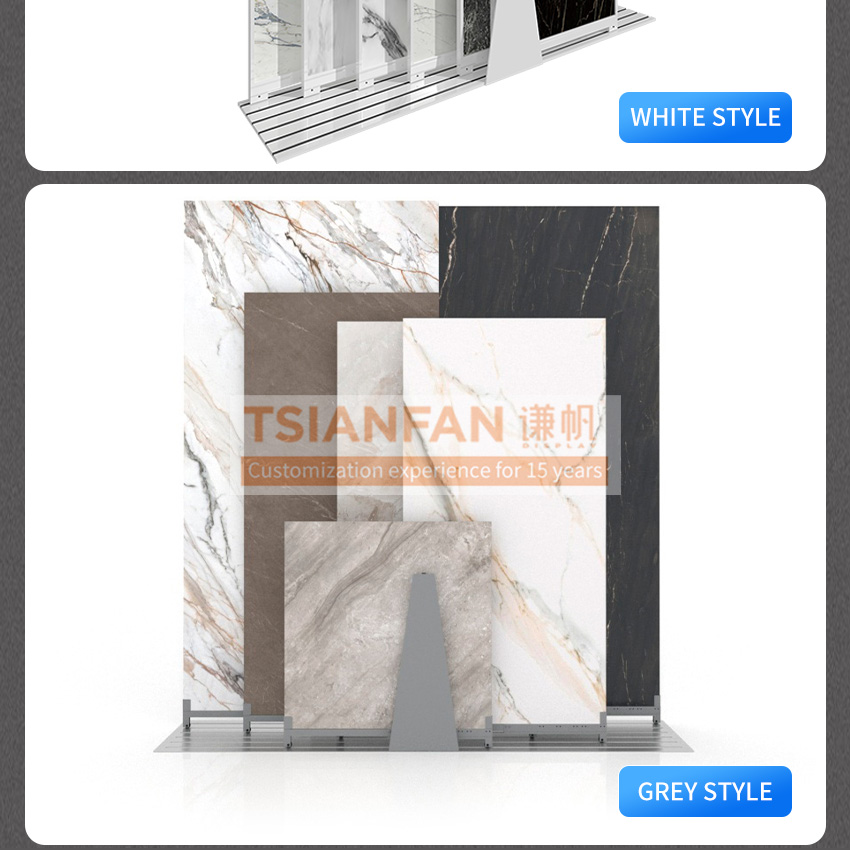 Tsianfan Custom Extendable Rail Displays Stand Tile Sample Rack Granite Display Showroom Marble Large Quartz Sliding Porcelain