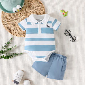 Conjunto de Ropa Casual de Verano para Bebés Niños, 2 Piezas, Chaqueta con Solapa a Rayas y Pantalones Cortos de Color Sólido - Product Image 1