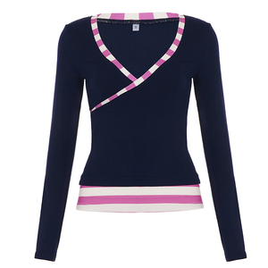 Womens Deep <b>V</b>-<b>Neck</b> Mock Layered Knit <b>Top</b> Striped Splicing <b>Long</b> <b>Sleeve</b> Tee Slim Fit Sweet Sexy Casual Pullover Spring/Summer - Product Image 6
