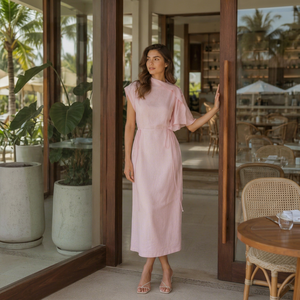 Robe élégante mi-mollet rose pour femme - Décontractée, col rond, coupe trapèze, aspect lin, taille à cordon, pour les vacances et le quotidien - Product Image 1