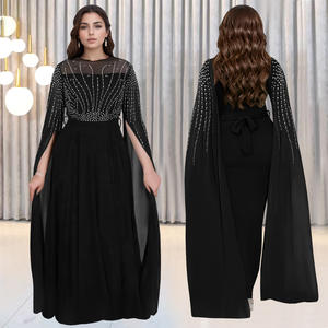 Abiti da Sera Trendy per Donne, Vestito Lungo Nero con Maniche a Mantella Decorato con Strass, Elegante Abito da Cerimonia per Ragazze - Product Image 2