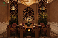 Solution clé en main pour l'aménagement intérieur d'un restaurant méditerranéen tropical Wabi Sabi pour hôtel de villégiature de luxe