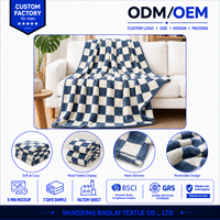 Plaid Doux à Carreaux 100% Polyester Bleu Marine Crème Pelucheux Doux Confortable Tricoté Réversible Chaud Quatre Saisons