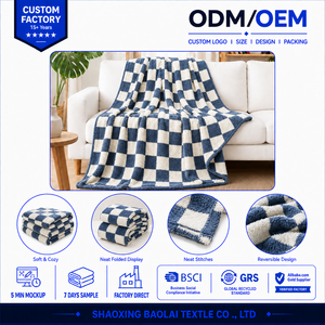 Manta de Felpa Suave con Diseño de Tablero de Ajedrez, 100% Poliéster, <span class=keywords><strong>Azul</strong></span> <span class=keywords><strong>Marino</strong></span> y Crema, Acogedora, Tejida, Reversible, Cálida, para las Cuatro Estaciones - Product Image 5