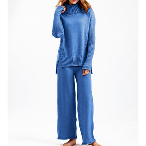 ชุดเซ็ต 2 ชิ้น เสื้อไหมพรมคอเต่าทรงหลวม กางเกงขายาวถักลายเคเบิ้ล คอปกพับสองชั้น สำหรับผู้หญิง (OEM ODM) - Product Image 5