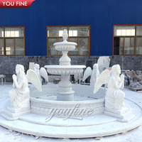 Fontaine en marbre blanc à deux niveaux YOUFINE, colonne spirale sculptée à la main, sculpture d'oiseau, élément aquatique en pierre pour l'entrée de villa et l'aménagement paysager