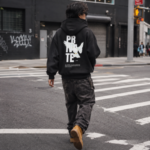 Sudadera con capucha negra con cremallera para hombre y mujer, oversize, de algodón grueso, con estampado gráfico de paloma de Private Studio, estilo streetwear Y2K, personalizada. - Product Image 6