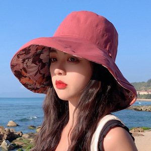 Sombrero de <span class=keywords><strong>pescador</strong></span> de ala grande para viajes de verano, sombrero de sombrilla estampado usable de doble cara para mujer - Product Image 3