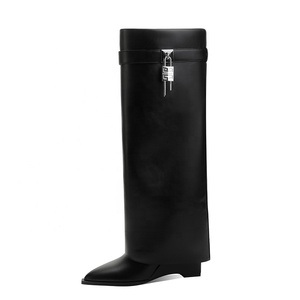 Bottes pliables pour femme, hauteur genou, à bout pointu, <span class=keywords><strong>talon</strong></span> <span class=keywords><strong>compensé</strong></span>, style western, confortables, avec boucle, rehaussantes - Product Image 1