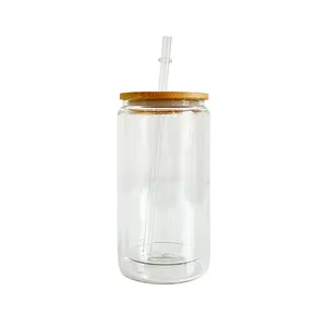 12oz new craft double walled beer glass can with bamboo lid For DIY snow globe suitable for vinyl for iced coffee, soda