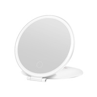 Miroir de maquillage portable pliable à cadre rond en plastique avec éclairage LED à 3 couleurs réglables, finition argentée simple face