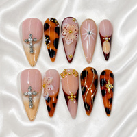 Faux ongles à presser Stiletto faits main, vente en gros, motifs Nude, Léopard, Croix dorée, Fleur 3D, 10 pièces, capsules d'ongles à couverture complète pour pose rapide