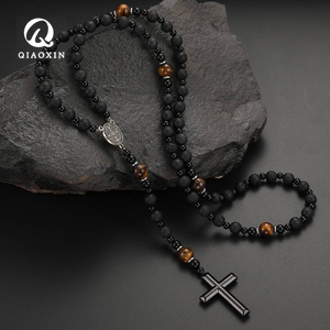 Collana <span class=keywords><strong>Rosario</strong></span> Cristiana in Pietra Naturale all'Ingrosso, con Perle di Pietra Lavica Vulcanica, Occhio di Tigre e Ferro, Ciondolo a Croce, Gioielli da Uomo - Product Image 4