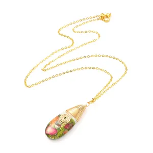 Pandahall 44cm Golden Teardrop Natural Imperial Jasper Pendant Necklace