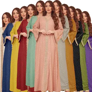 best seller new design EiD Muslim women fashion gold blocking cotton long leisure dress with coloured lace