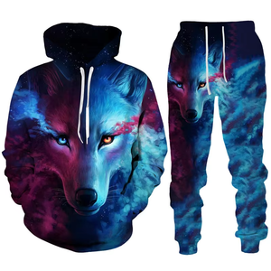 Ensemble de survêtement unisexe imprimé en 3D, sweat à capuche et pantalon oversize, streetwear, vêtements de sport, design loup bleu - Product Image 3