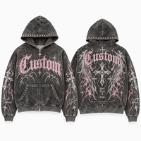 Fabricants de vêtements streetwear : Sweat à capuche zippé en molleton bouclette, personnalisé avec broderie, effet vintage délavé à l'acide, déchiré et orné de strass
