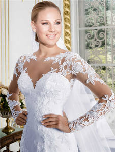 Robes de Mariée Sirène à Manches Longues et Col Rond avec Dos Illusion Transparent - Product Image 2