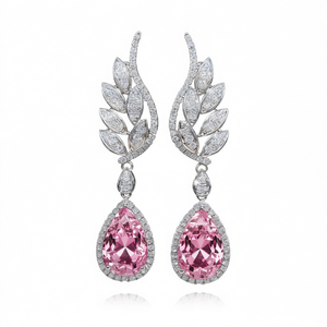 Orecchini Pendenti in Oro Bianco con Zirconi Rosa Taglio a Pera, Cristalli e Strass con Montatura a Castone, Design Romantico a Forma di Pianta, per Matrimonio Donna - Product Image 1