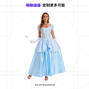 Robe de princesse bleue Sissi pour femmes adultes, costume fantaisie avec gants et couronne pour fête d'Halloween - Product Image 4