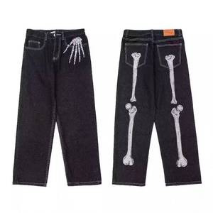 Pantalones vaqueros unisex de cintura alta, holgados, largos, estilo Hip Hop, con estampado de mano de calavera, estilo urbano, tendencia nacional, estilo americano, Harajuku, Y2K - Product Image 1