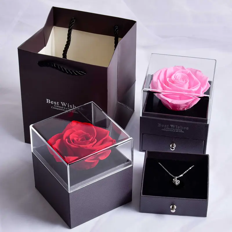 Valentines Moeder Dag Eeuwige Roos Geconserveerde Roze Bloemen In Een Acryl Doos Geconserveerde Rozen Met Love You Ketting Cadeau Set