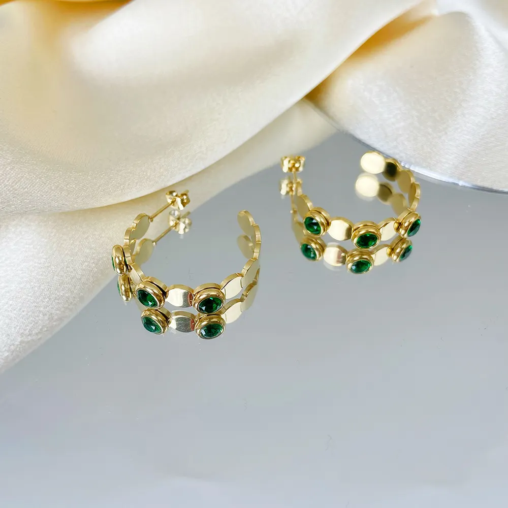 14K Gold White Round Zircon C Type Earring Jewelry Women's Vintage Stainless Steel huggie hoop Earrings
