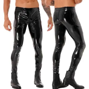 Wholesale Mens Two-way Zipper Crotch Trousers Wet Look Patent Leather Skinny Leggings Pants