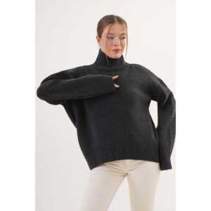 ชุดเสื้อสเวตเตอร์ถักคอเต่าครึ่งตัวสีแอนทราไซต์สำหรับผู้หญิง เนื้อหนาและอบอุ่น - Product Image 3